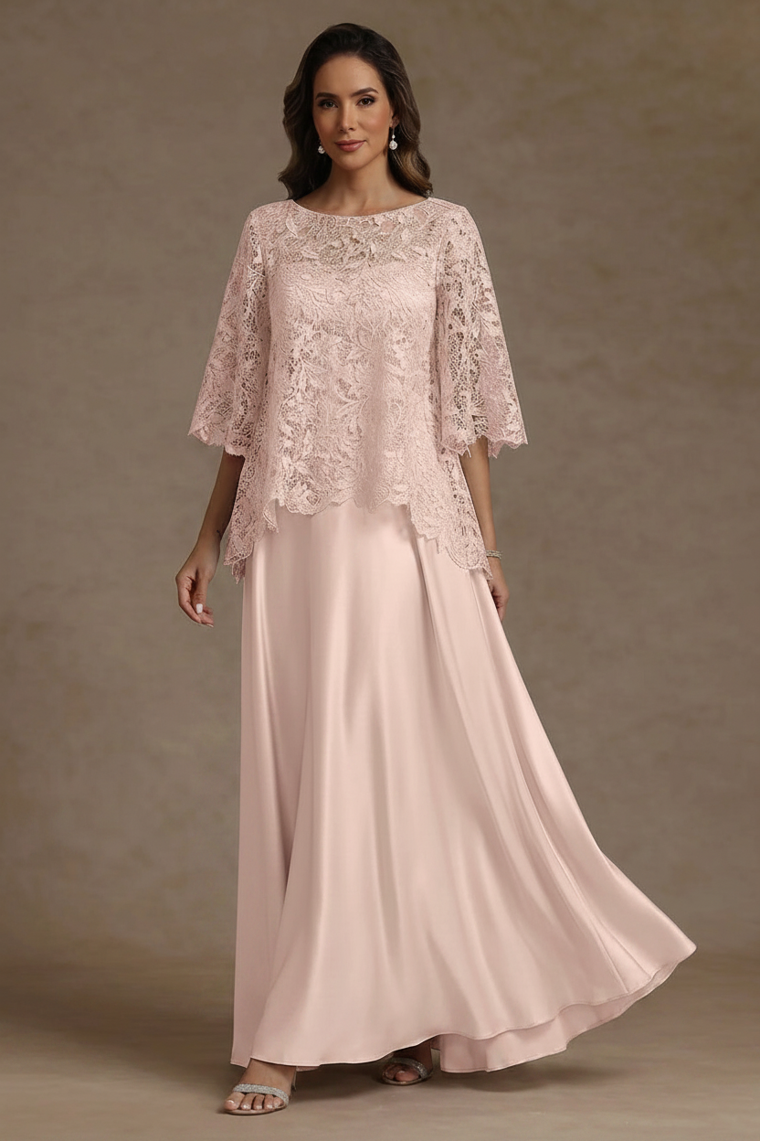 2 Pieces A-Line/Princess Silk Satin Scoop Mother ofthe Bride Dresses Lace Floor Length Short Sleeves