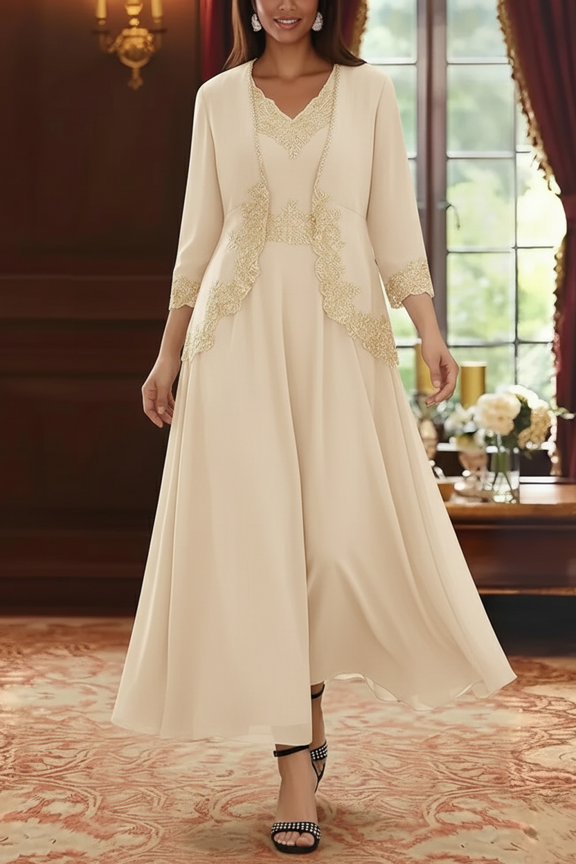 2 Pieces A-Line/Princess V-Neck Chiffon Mother of the Bride Dresses with Jacket Lace Ankle-Length 3/4 Sleeves