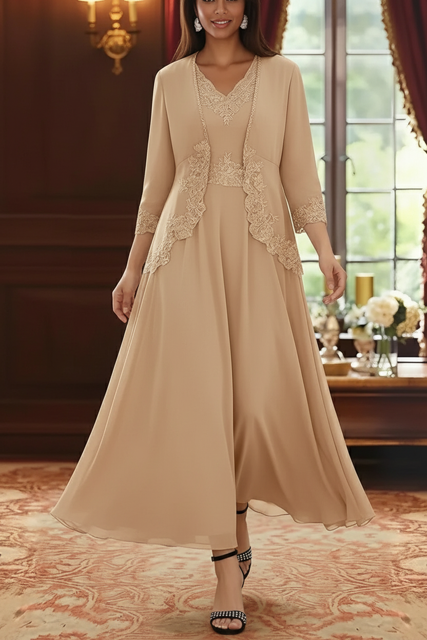 2 Pieces A-Line/Princess V-Neck Chiffon Mother of the Bride Dresses with Jacket Lace Ankle-Length 3/4 Sleeves