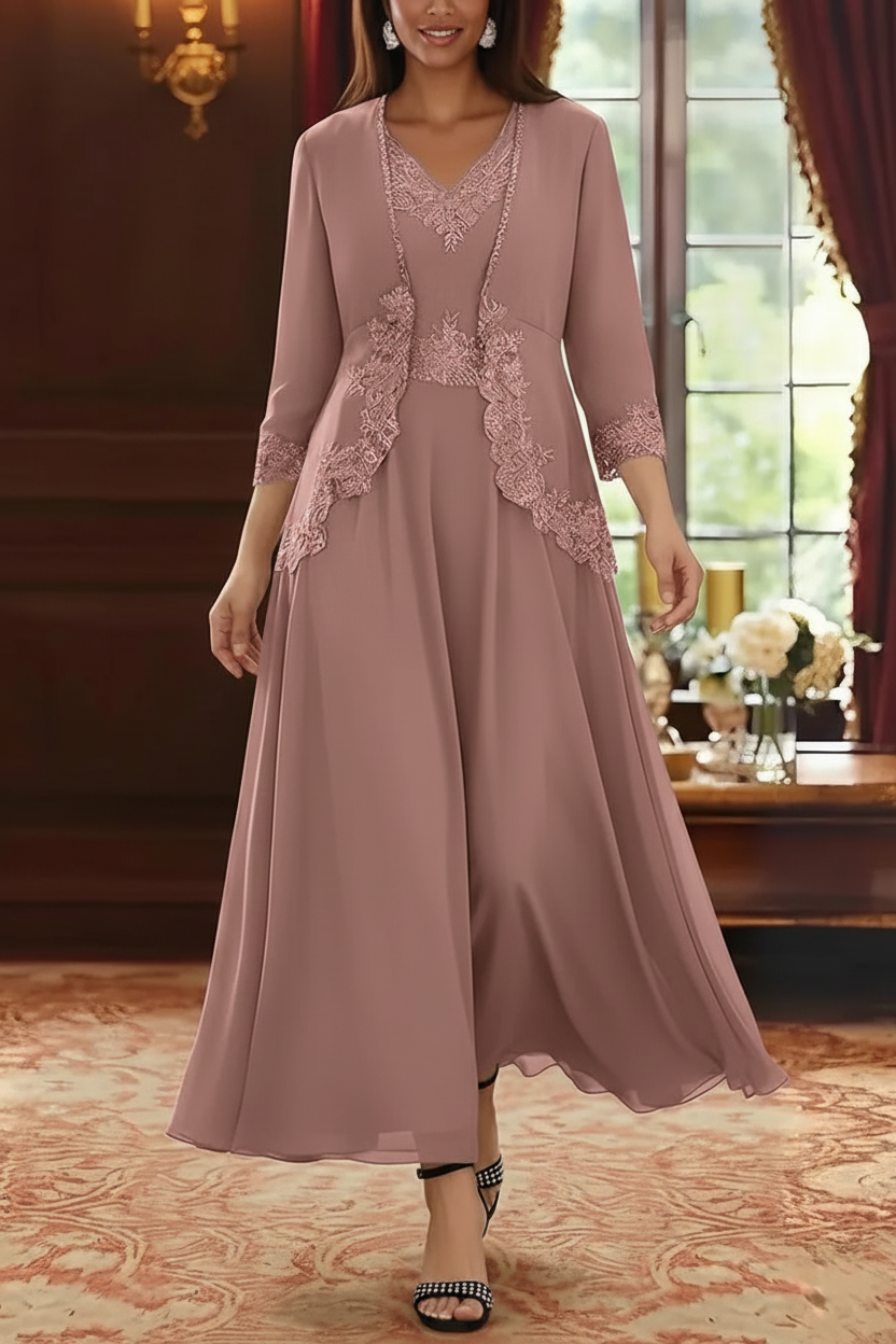 2 Pieces A-Line/Princess V-Neck Chiffon Mother of the Bride Dresses with Jacket Lace Ankle-Length 3/4 Sleeves