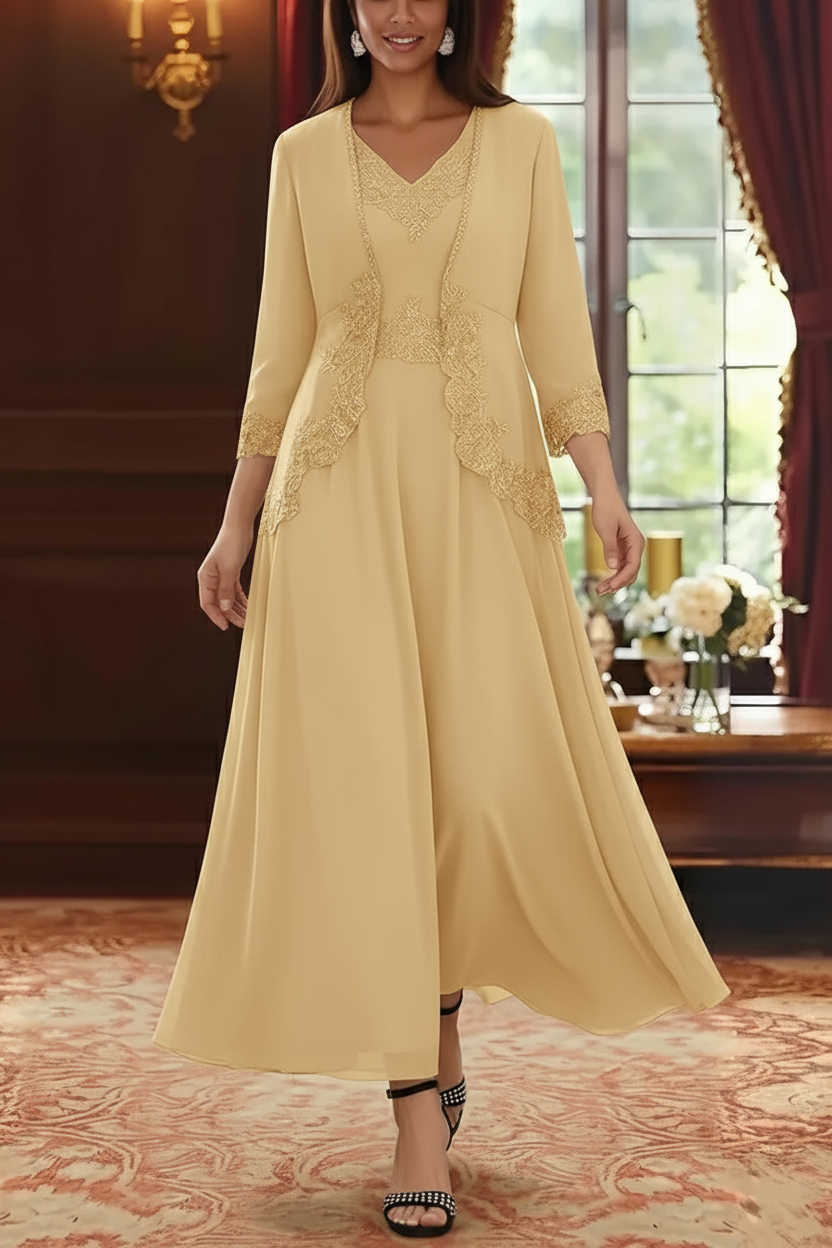 2 Pieces A-Line/Princess V-Neck Chiffon Mother of the Bride Dresses with Jacket Lace Ankle-Length 3/4 Sleeves