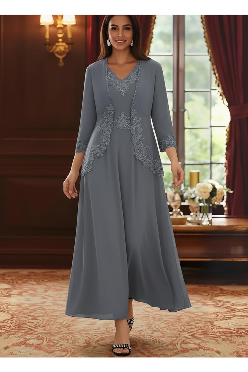 2 Pieces A-Line/Princess V-Neck Chiffon Mother of the Bride Dresses with Jacket Lace Ankle-Length 3/4 Sleeves