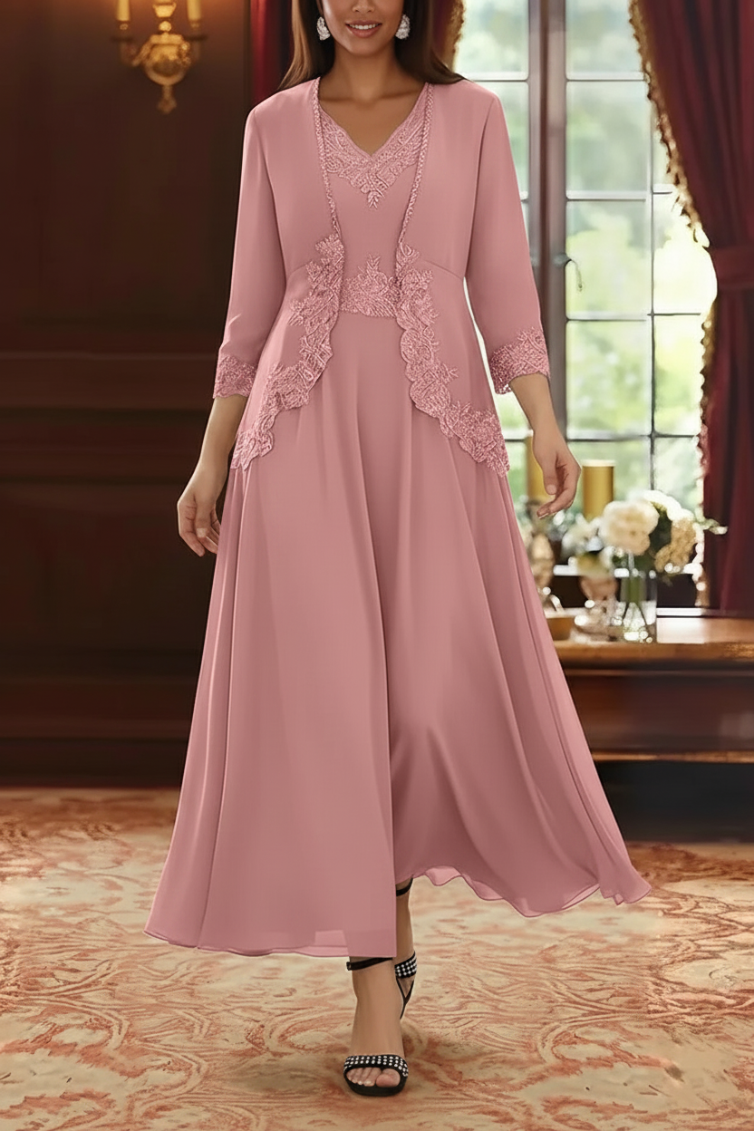 2 Pieces A-Line/Princess V-Neck Chiffon Mother of the Bride Dresses with Jacket Lace Ankle-Length 3/4 Sleeves