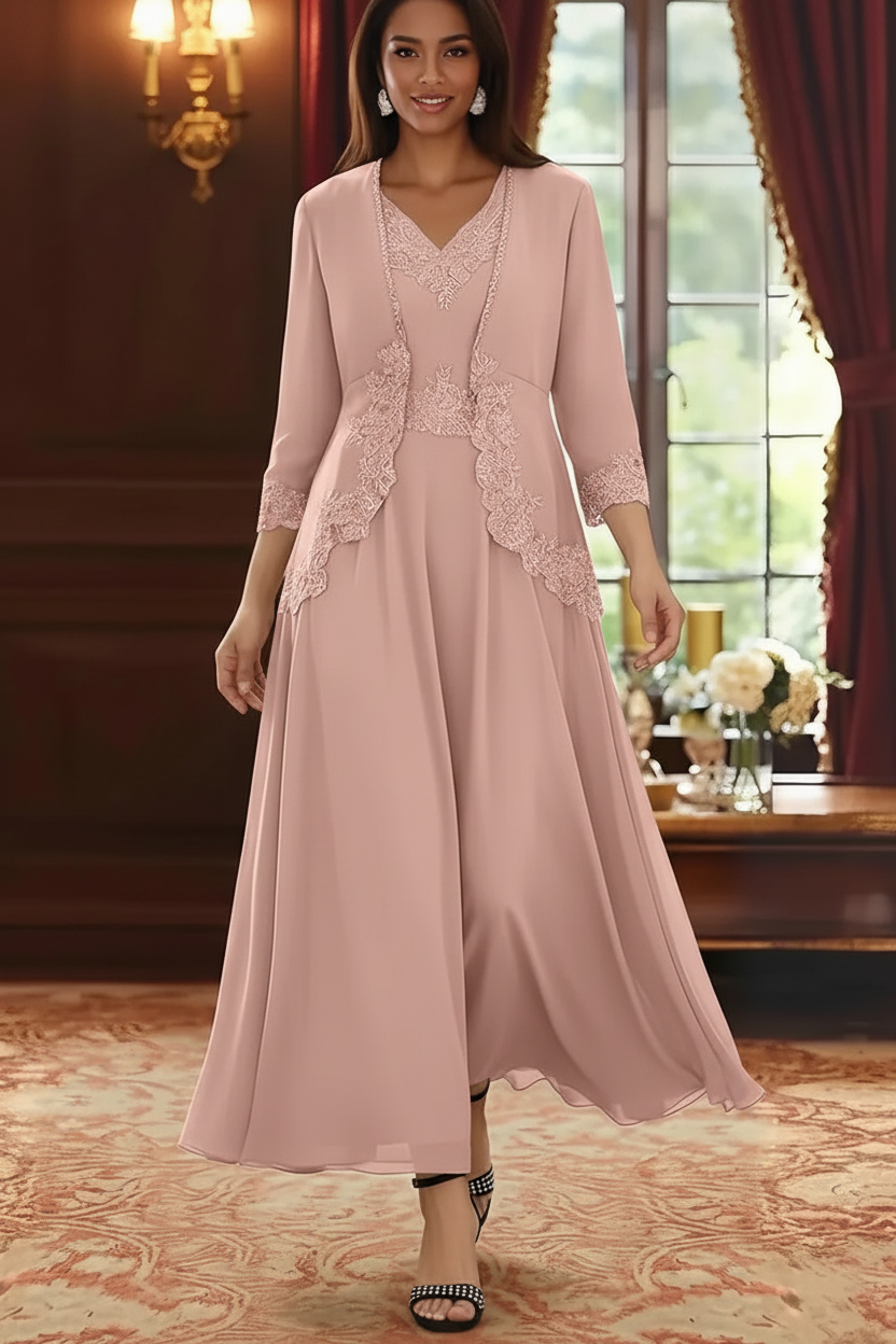 2 Pieces A-Line/Princess V-Neck Chiffon Mother of the Bride Dresses with Jacket Lace Ankle-Length 3/4 Sleeves