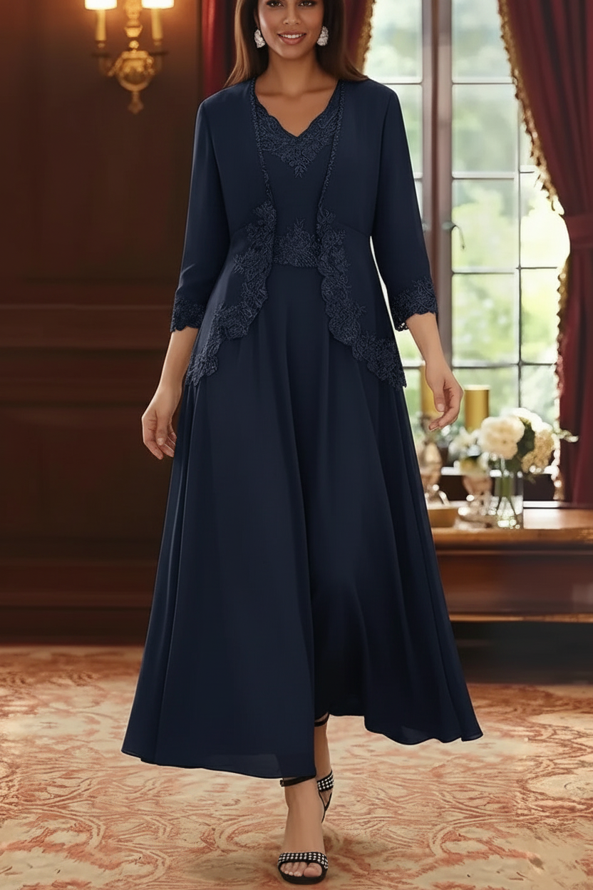 2 Pieces A-Line/Princess V-Neck Chiffon Mother of the Bride Dresses with Jacket Lace Ankle-Length 3/4 Sleeves