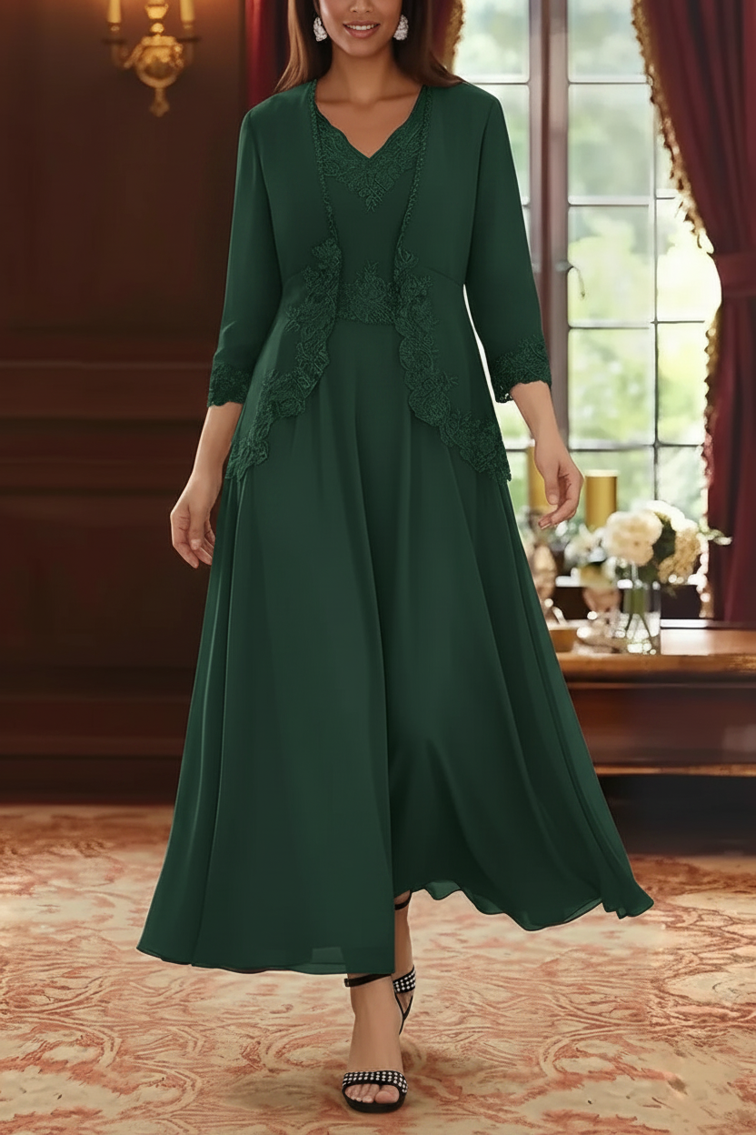 2 Pieces A-Line/Princess V-Neck Chiffon Mother of the Bride Dresses with Jacket Lace Ankle-Length 3/4 Sleeves