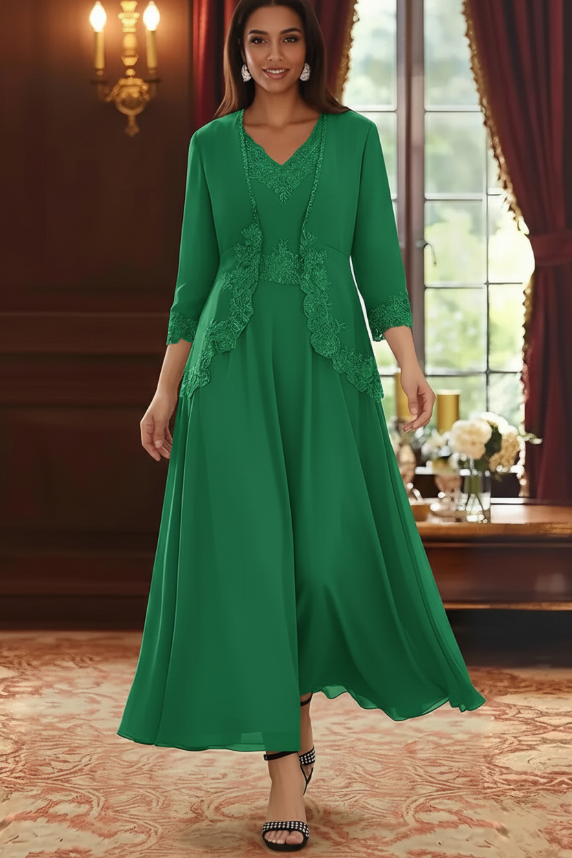 2 Pieces A-Line/Princess V-Neck Chiffon Mother of the Bride Dresses with Jacket Lace Ankle-Length 3/4 Sleeves
