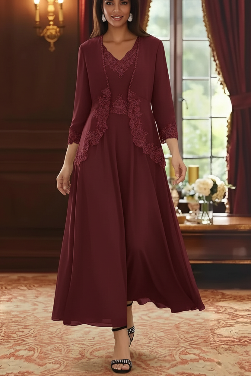 2 Pieces A-Line/Princess V-Neck Chiffon Mother of the Bride Dresses with Jacket Lace Ankle-Length 3/4 Sleeves