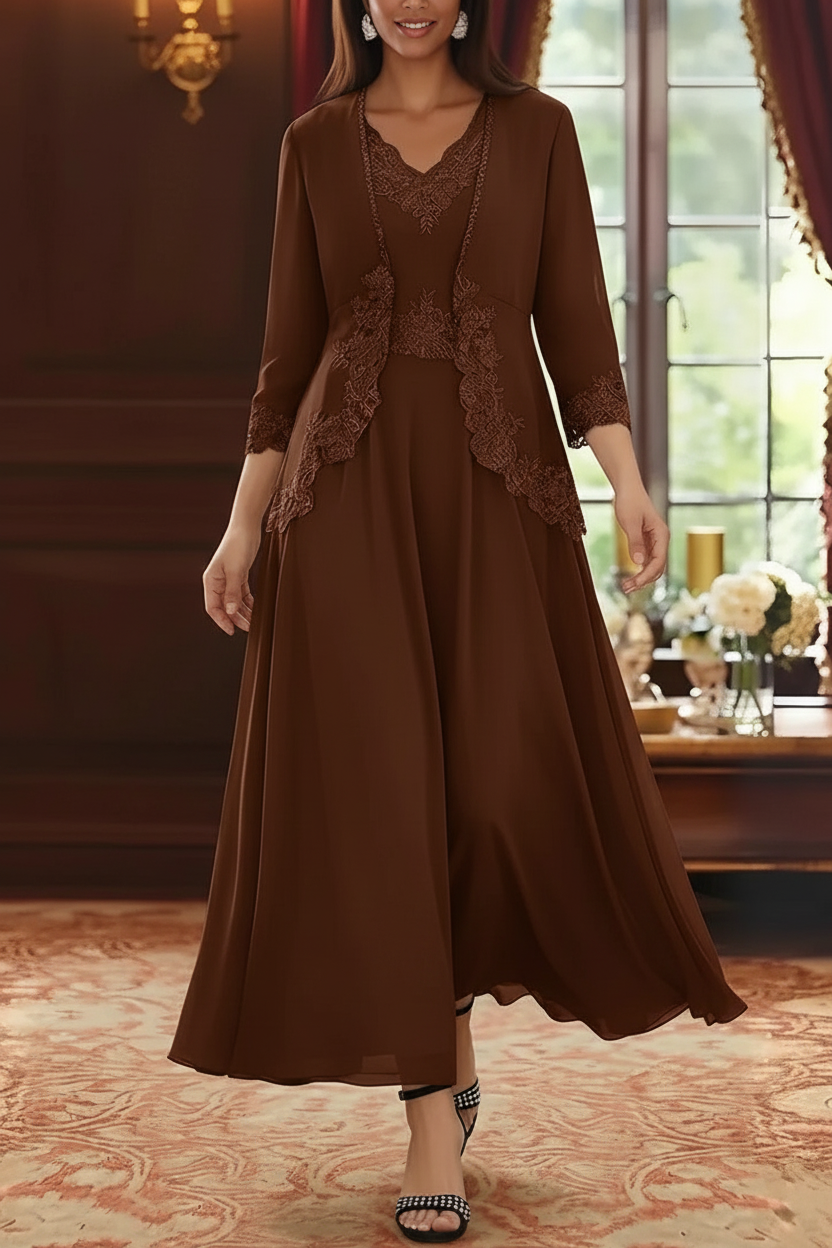 2 Pieces A-Line/Princess V-Neck Chiffon Mother of the Bride Dresses with Jacket Lace Ankle-Length 3/4 Sleeves