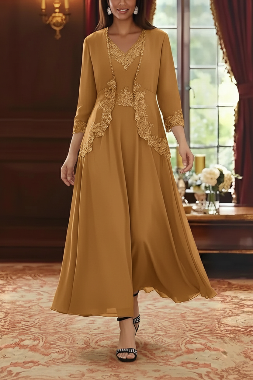 2 Pieces A-Line/Princess V-Neck Chiffon Mother of the Bride Dresses with Jacket Lace Ankle-Length 3/4 Sleeves