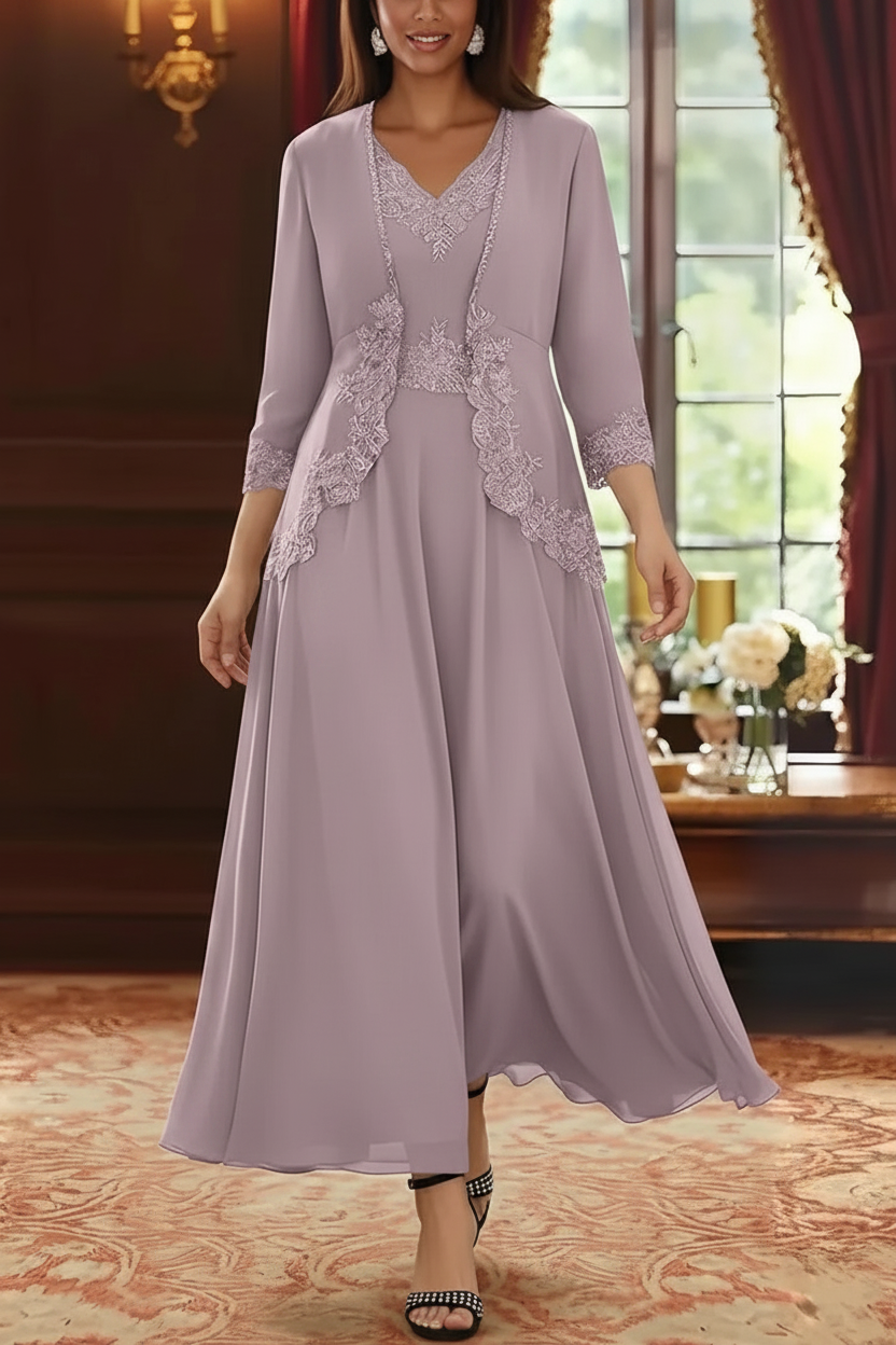 2 Pieces A-Line/Princess V-Neck Chiffon Mother of the Bride Dresses with Jacket Lace Ankle-Length 3/4 Sleeves