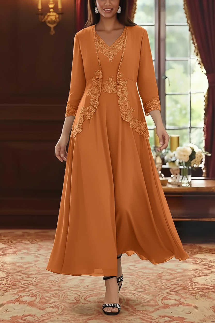 2 Pieces A-Line/Princess V-Neck Chiffon Mother of the Bride Dresses with Jacket Lace Ankle-Length 3/4 Sleeves