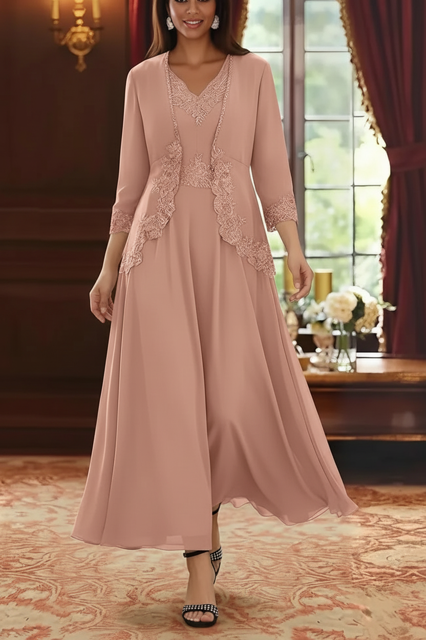 2 Pieces A-Line/Princess V-Neck Chiffon Mother of the Bride Dresses with Jacket Lace Ankle-Length 3/4 Sleeves