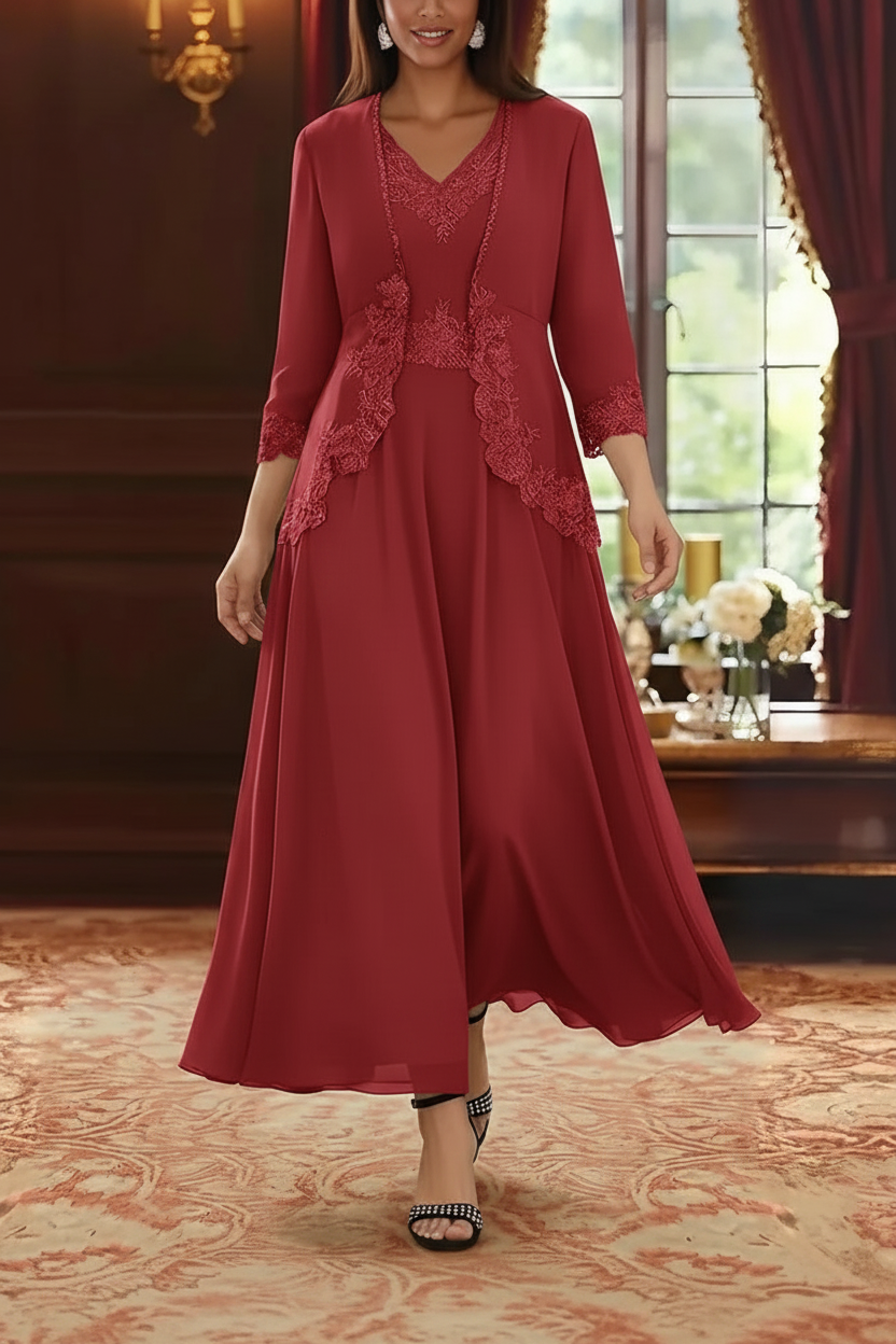 2 Pieces A-Line/Princess V-Neck Chiffon Mother of the Bride Dresses with Jacket Lace Ankle-Length 3/4 Sleeves