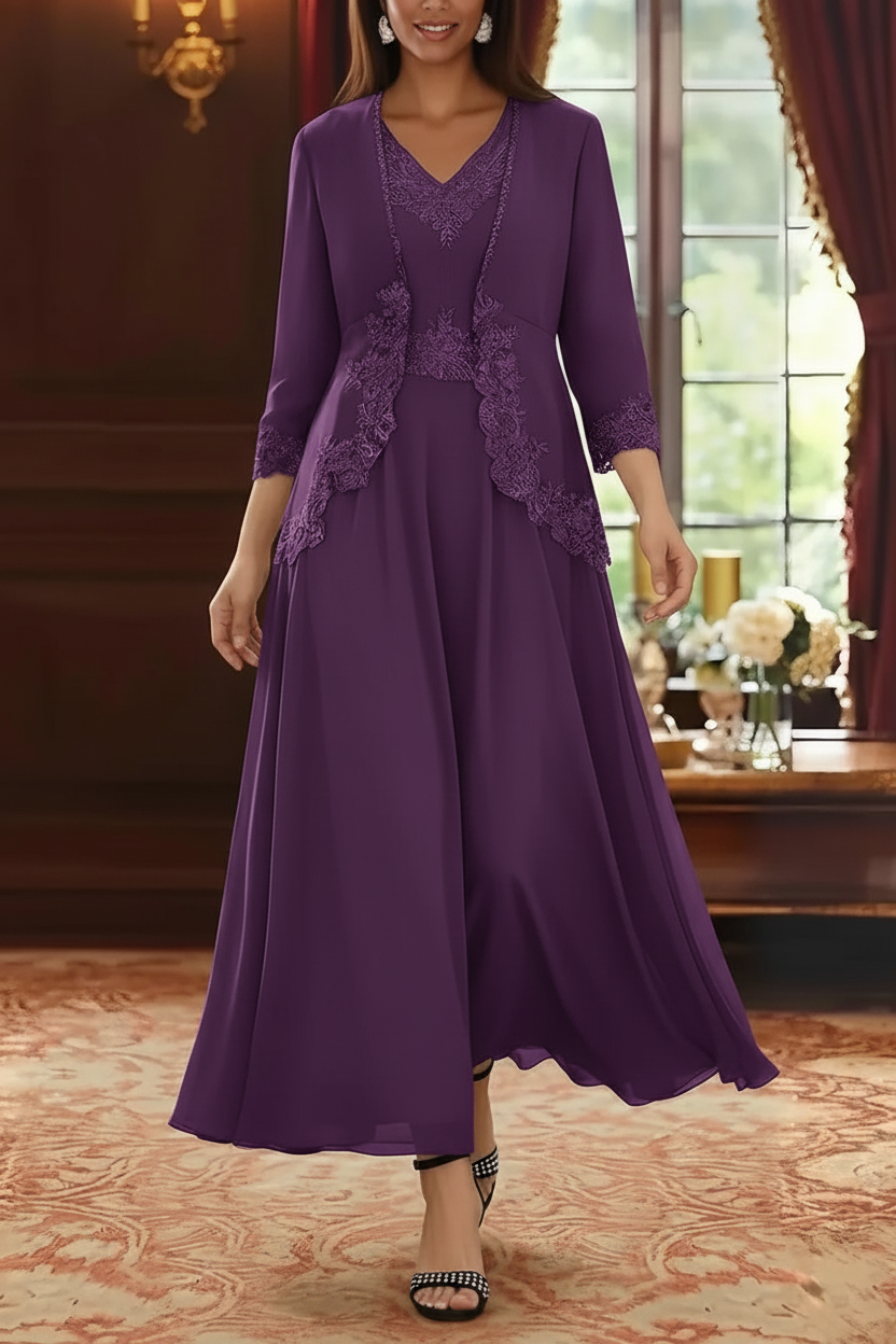 2 Pieces A-Line/Princess V-Neck Chiffon Mother of the Bride Dresses with Jacket Lace Ankle-Length 3/4 Sleeves