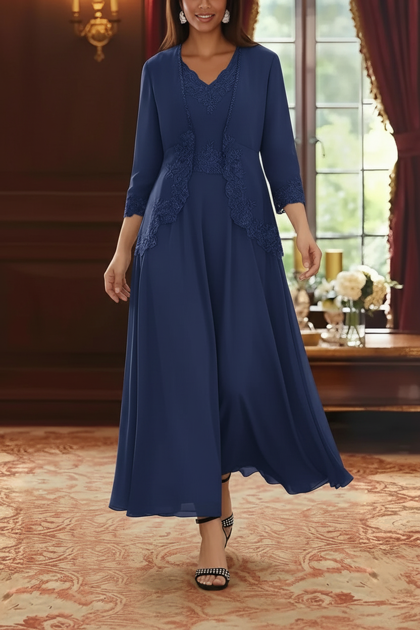2 Pieces A-Line/Princess V-Neck Chiffon Mother of the Bride Dresses with Jacket Lace Ankle-Length 3/4 Sleeves
