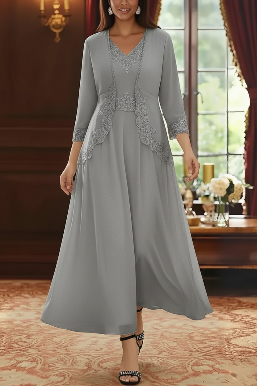 2 Pieces A-Line/Princess V-Neck Chiffon Mother of the Bride Dresses with Jacket Lace Ankle-Length 3/4 Sleeves