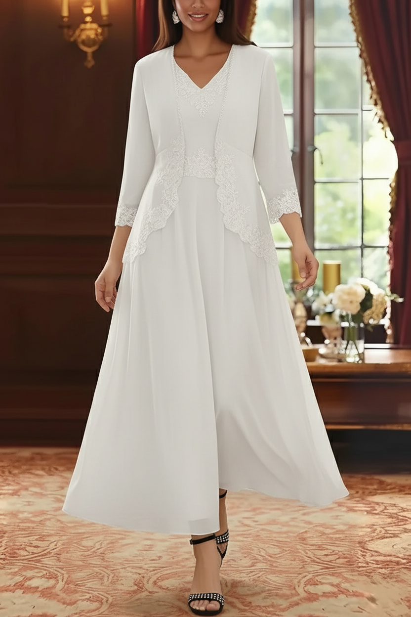 2 Pieces A-Line/Princess V-Neck Chiffon Mother of the Bride Dresses with Jacket Lace Ankle-Length 3/4 Sleeves