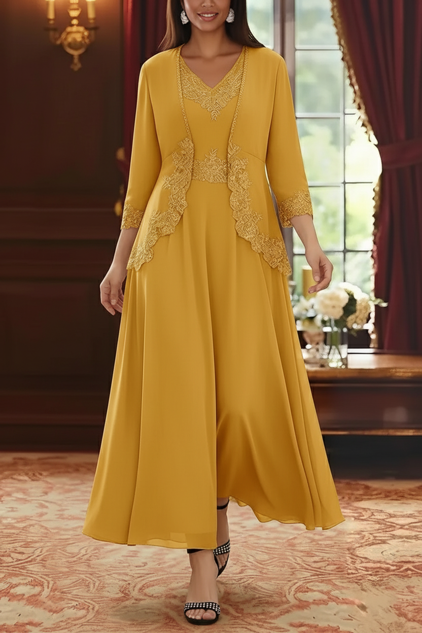 2 Pieces A-Line/Princess V-Neck Chiffon Mother of the Bride Dresses with Jacket Lace Ankle-Length 3/4 Sleeves