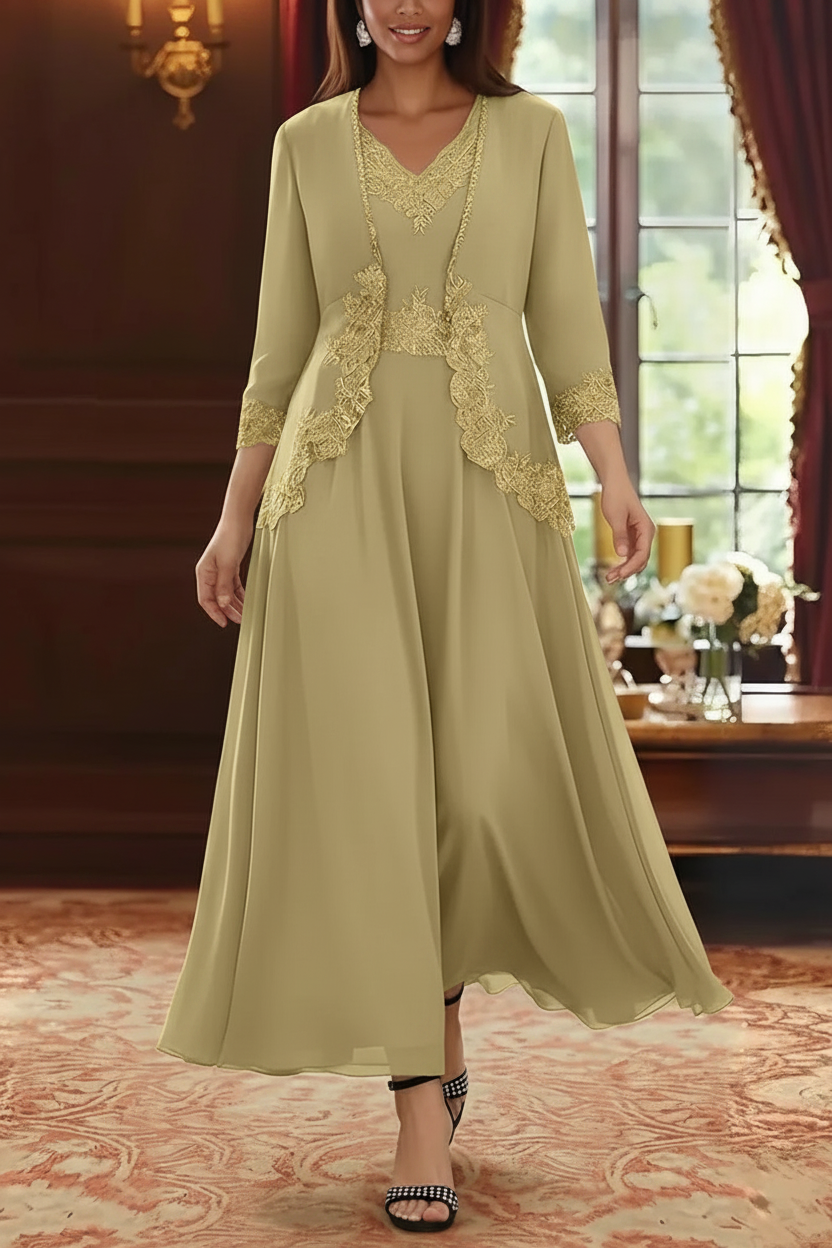 2 Pieces A-Line/Princess V-Neck Chiffon Mother of the Bride Dresses with Jacket Lace Ankle-Length 3/4 Sleeves
