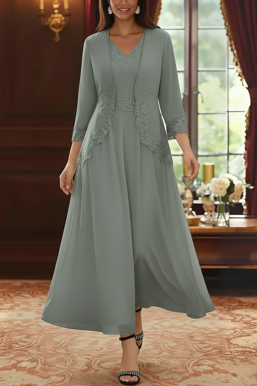 2 Pieces A-Line/Princess V-Neck Chiffon Mother of the Bride Dresses with Jacket Lace Ankle-Length 3/4 Sleeves