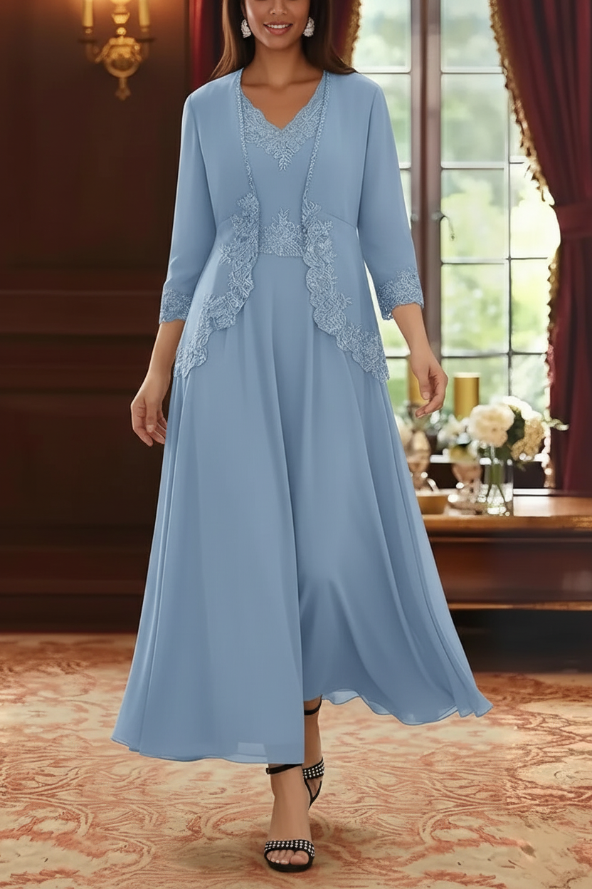 2 Pieces A-Line/Princess V-Neck Chiffon Mother of the Bride Dresses with Jacket Lace Ankle-Length 3/4 Sleeves