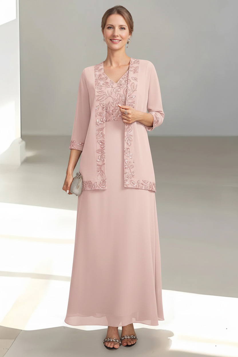 2 Pieces A-Line/Princess V-Neck Sleeveless Ankle-Length Mother of the Bride Dresses with Appliques & Sequins & Jacket