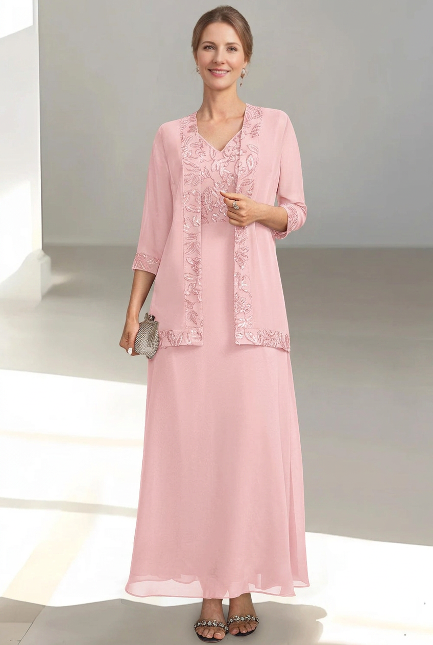 2 Pieces A-Line/Princess V-Neck Sleeveless Ankle-Length Mother of the Bride Dresses with Appliques & Sequins & Jacket