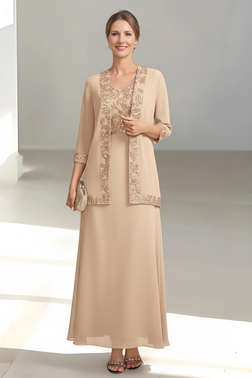 2 Pieces A-Line/Princess V-Neck Sleeveless Ankle-Length Mother of the Bride Dresses with Appliques & Sequins & Jacket