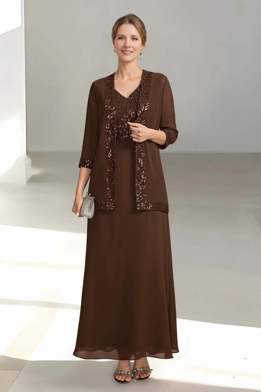 2 Pieces A-Line/Princess V-Neck Sleeveless Ankle-Length Mother of the Bride Dresses with Appliques & Sequins & Jacket