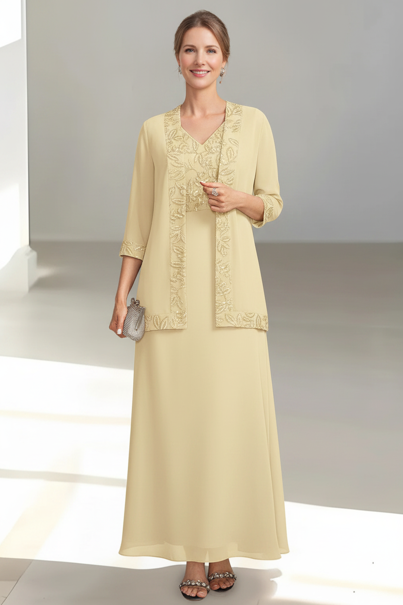 2 Pieces A-Line/Princess V-Neck Sleeveless Ankle-Length Mother of the Bride Dresses with Appliques & Sequins & Jacket