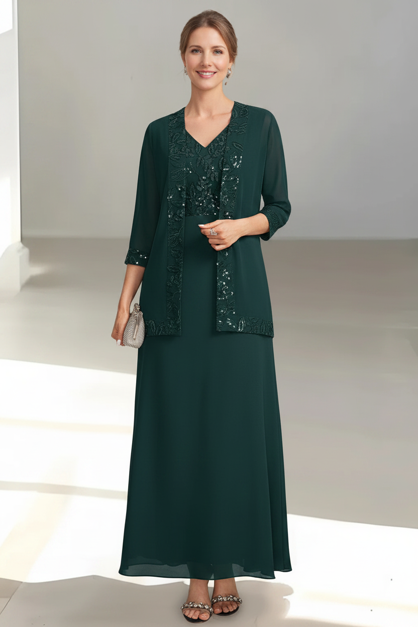 2 Pieces A-Line/Princess V-Neck Sleeveless Ankle-Length Mother of the Bride Dresses with Appliques & Sequins & Jacket