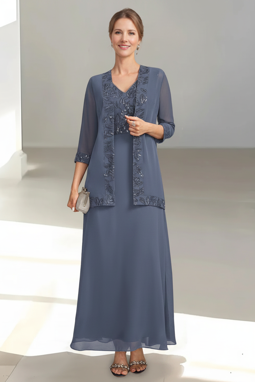 2 Pieces A-Line/Princess V-Neck Sleeveless Ankle-Length Mother of the Bride Dresses with Appliques & Sequins & Jacket