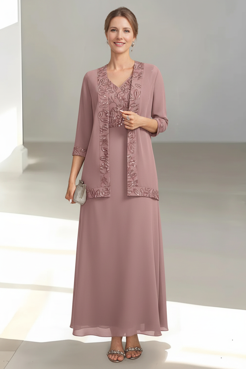 2 Pieces A-Line/Princess V-Neck Sleeveless Ankle-Length Mother of the Bride Dresses with Appliques & Sequins & Jacket