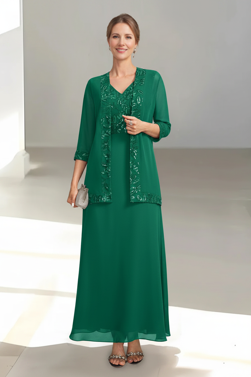 2 Pieces A-Line/Princess V-Neck Sleeveless Ankle-Length Mother of the Bride Dresses with Appliques & Sequins & Jacket