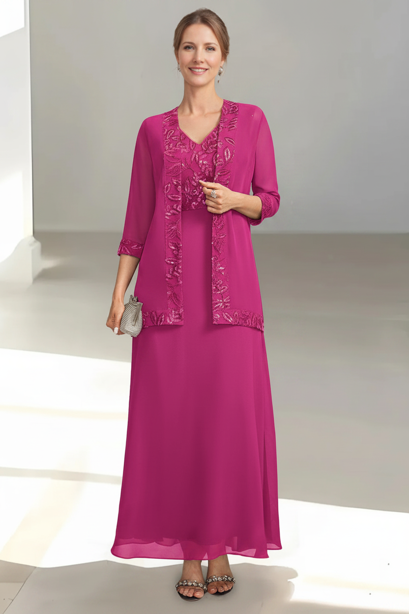 2 Pieces A-Line/Princess V-Neck Sleeveless Ankle-Length Mother of the Bride Dresses with Appliques & Sequins & Jacket