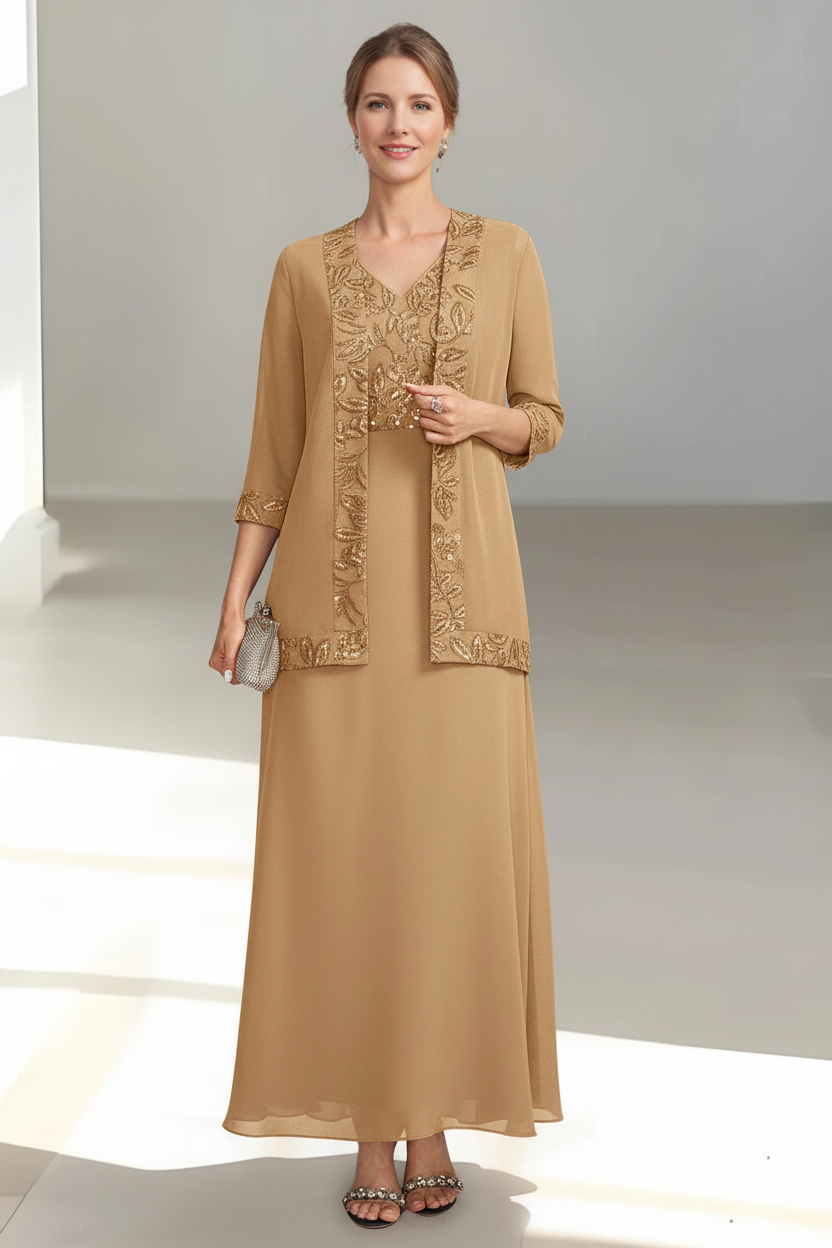 2 Pieces A-Line/Princess V-Neck Sleeveless Ankle-Length Mother of the Bride Dresses with Appliques & Sequins & Jacket