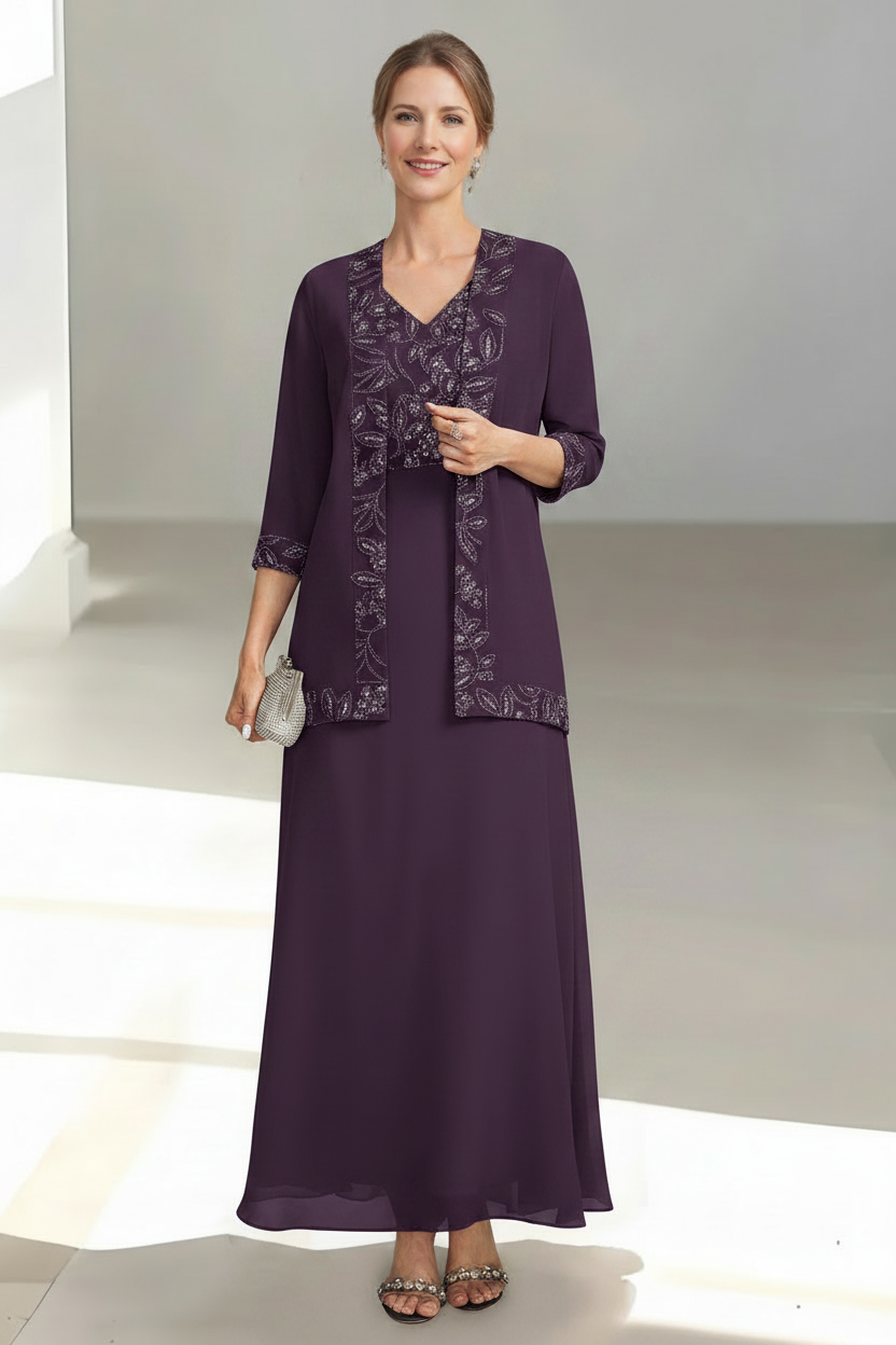 2 Pieces A-Line/Princess V-Neck Sleeveless Ankle-Length Mother of the Bride Dresses with Appliques & Sequins & Jacket