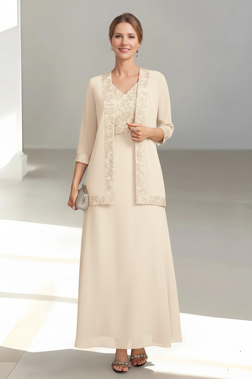 2 Pieces A-Line/Princess V-Neck Sleeveless Ankle-Length Mother of the Bride Dresses with Appliques & Sequins & Jacket