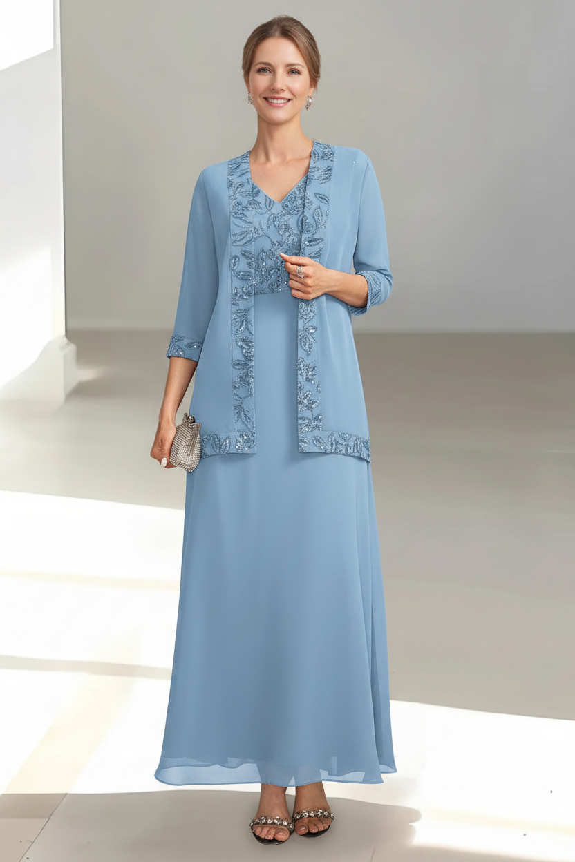 2 Pieces A-Line/Princess V-Neck Sleeveless Ankle-Length Mother of the Bride Dresses with Appliques & Sequins & Jacket