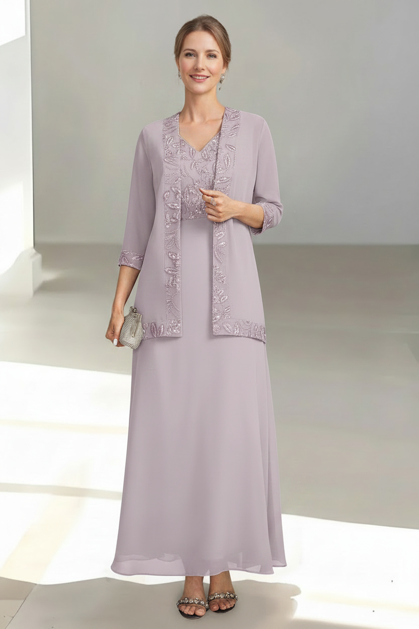 2 Pieces A-Line/Princess V-Neck Sleeveless Ankle-Length Mother of the Bride Dresses with Appliques & Sequins & Jacket