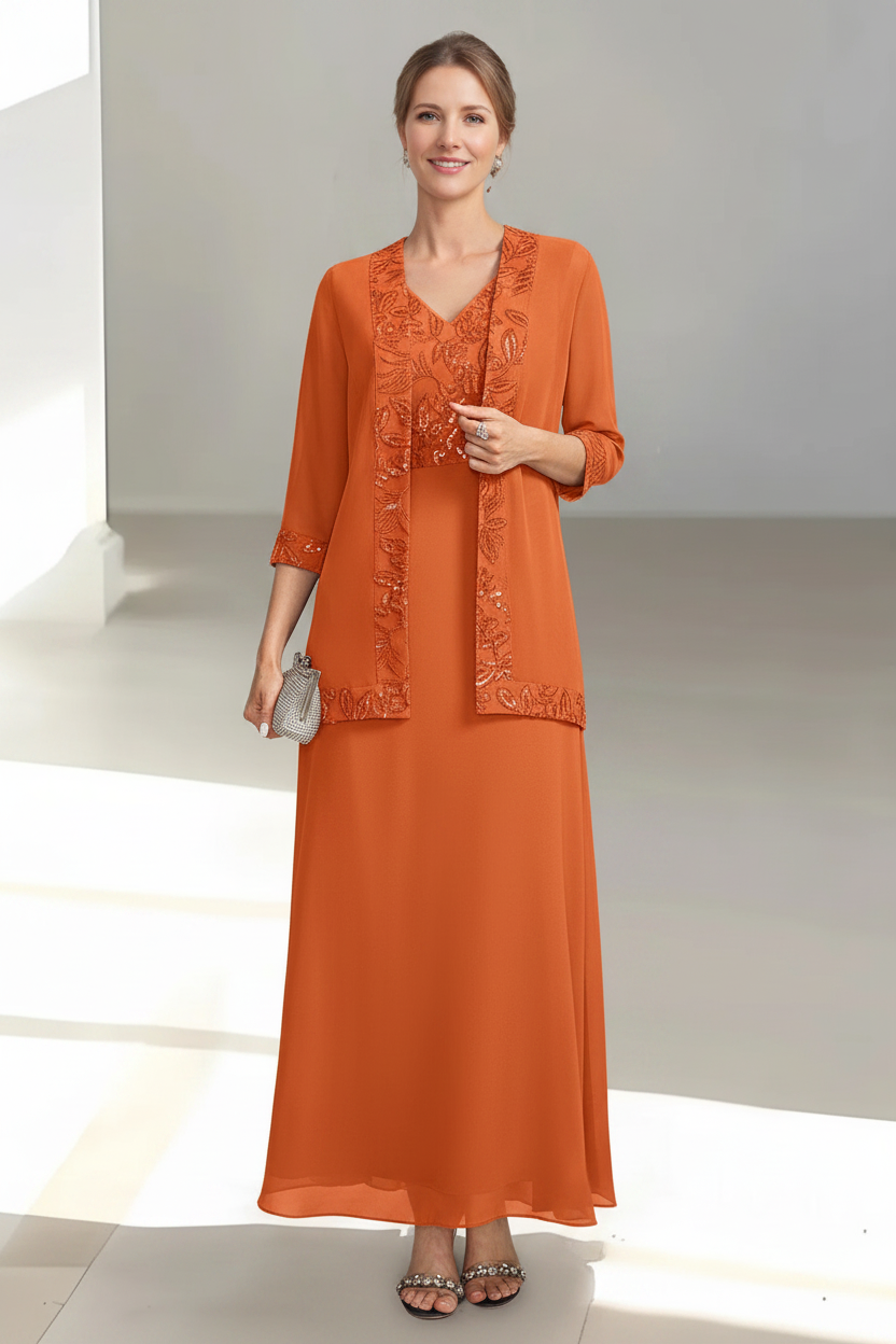 2 Pieces A-Line/Princess V-Neck Sleeveless Ankle-Length Mother of the Bride Dresses with Appliques & Sequins & Jacket
