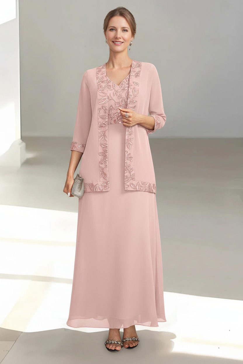 2 Pieces A-Line/Princess V-Neck Sleeveless Ankle-Length Mother of the Bride Dresses with Appliques & Sequins & Jacket