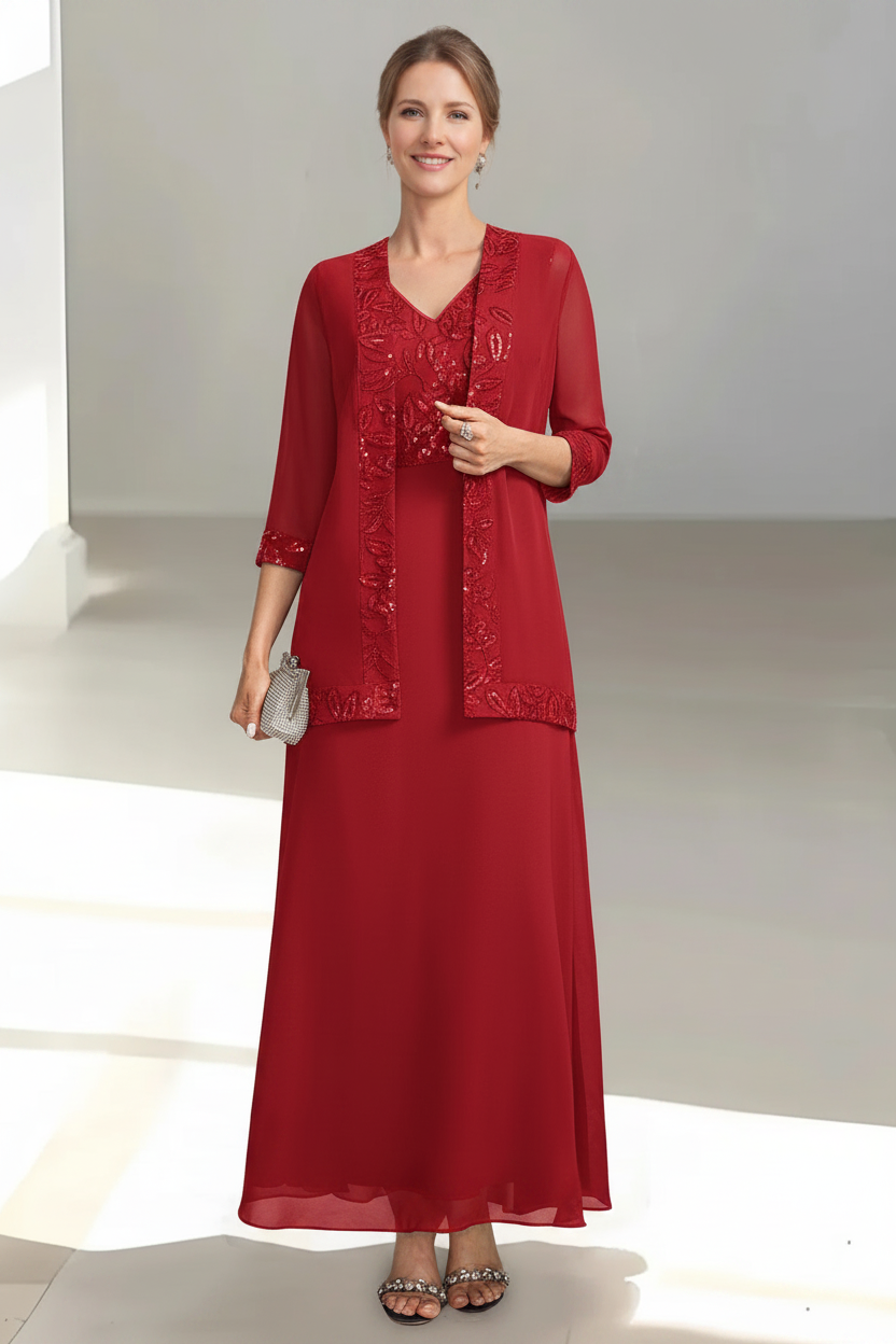 2 Pieces A-Line/Princess V-Neck Sleeveless Ankle-Length Mother of the Bride Dresses with Appliques & Sequins & Jacket