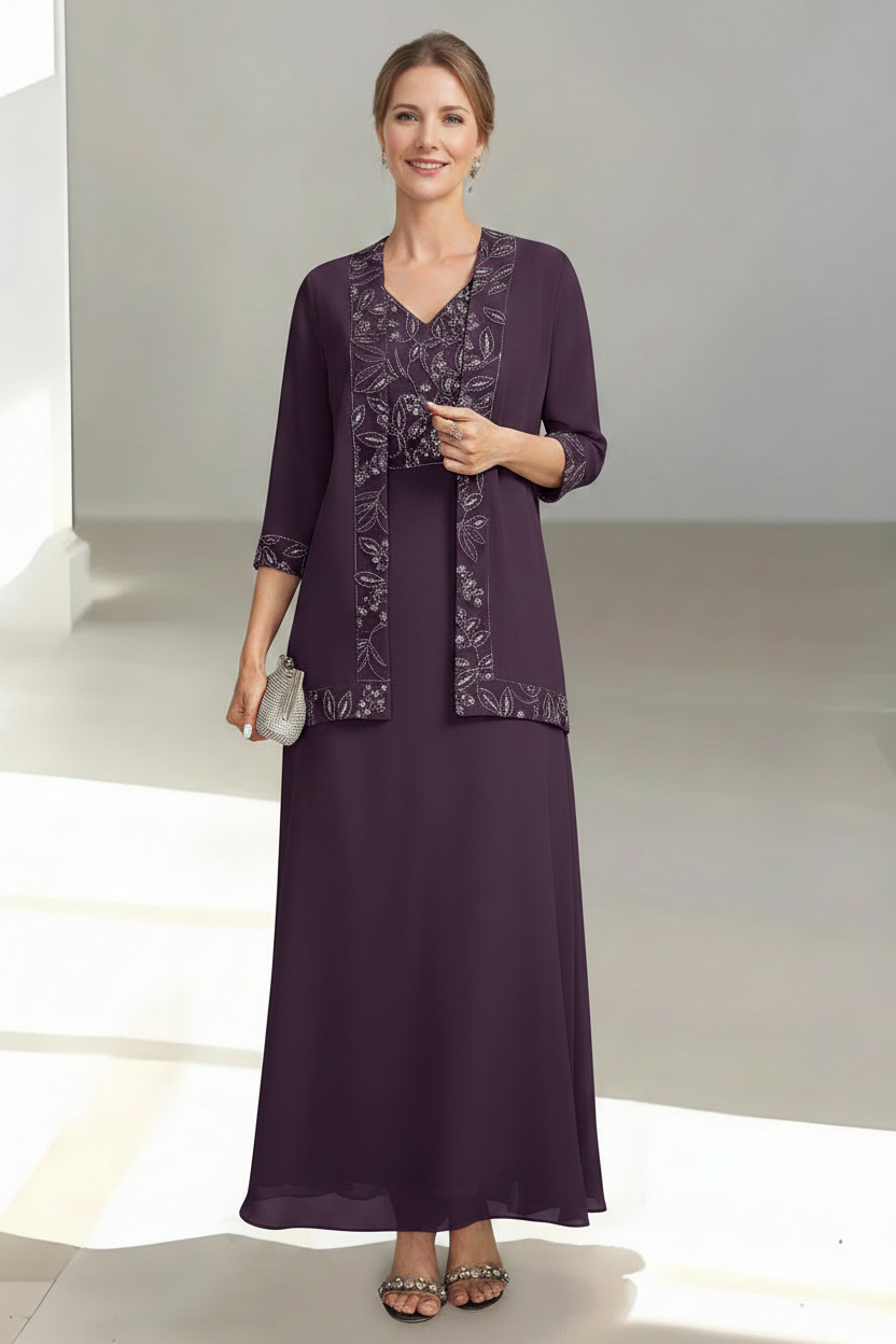 2 Pieces A-Line/Princess V-Neck Sleeveless Ankle-Length Mother of the Bride Dresses with Appliques & Sequins & Jacket