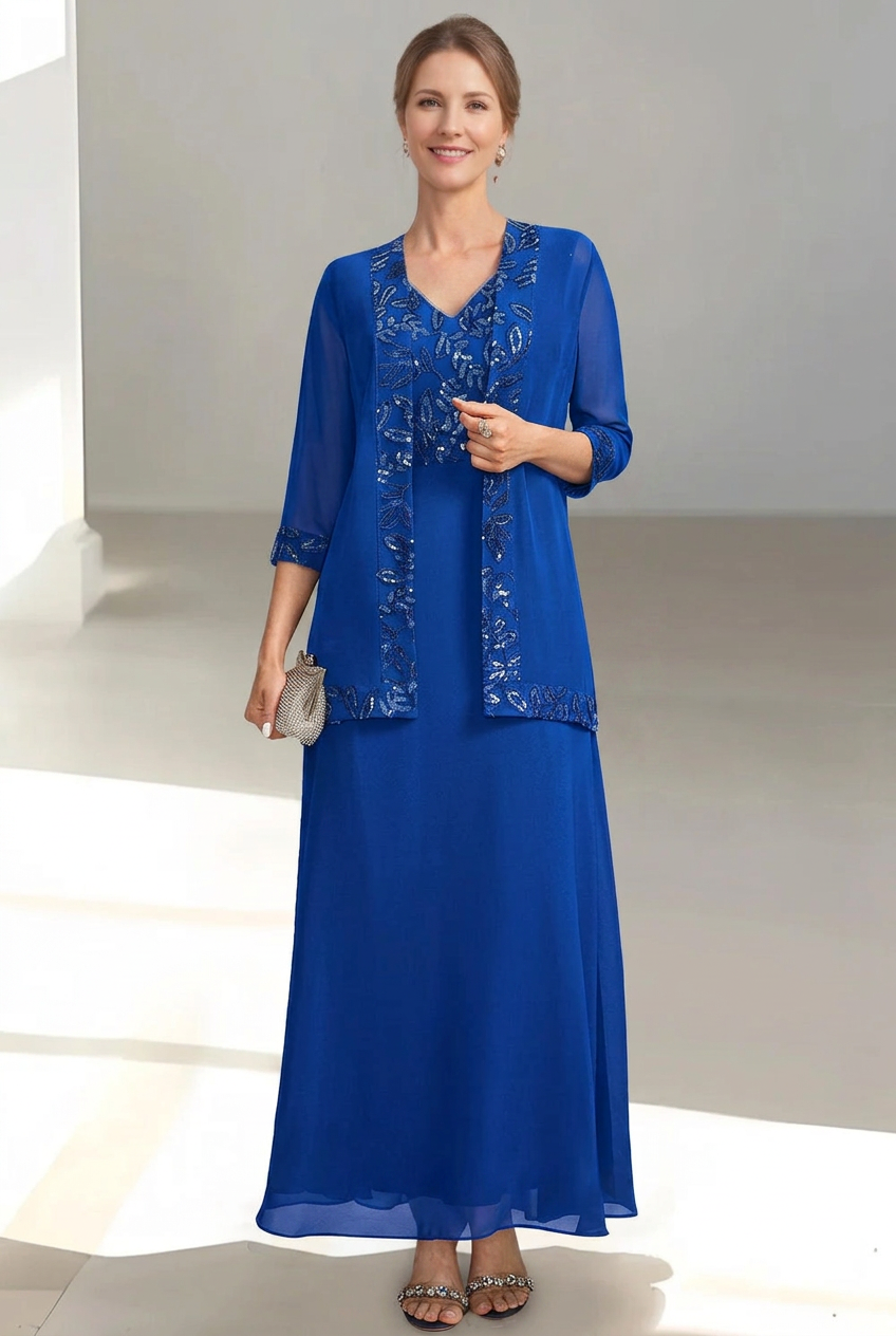 2 Pieces A-Line/Princess V-Neck Sleeveless Ankle-Length Mother of the Bride Dresses with Appliques & Sequins & Jacket