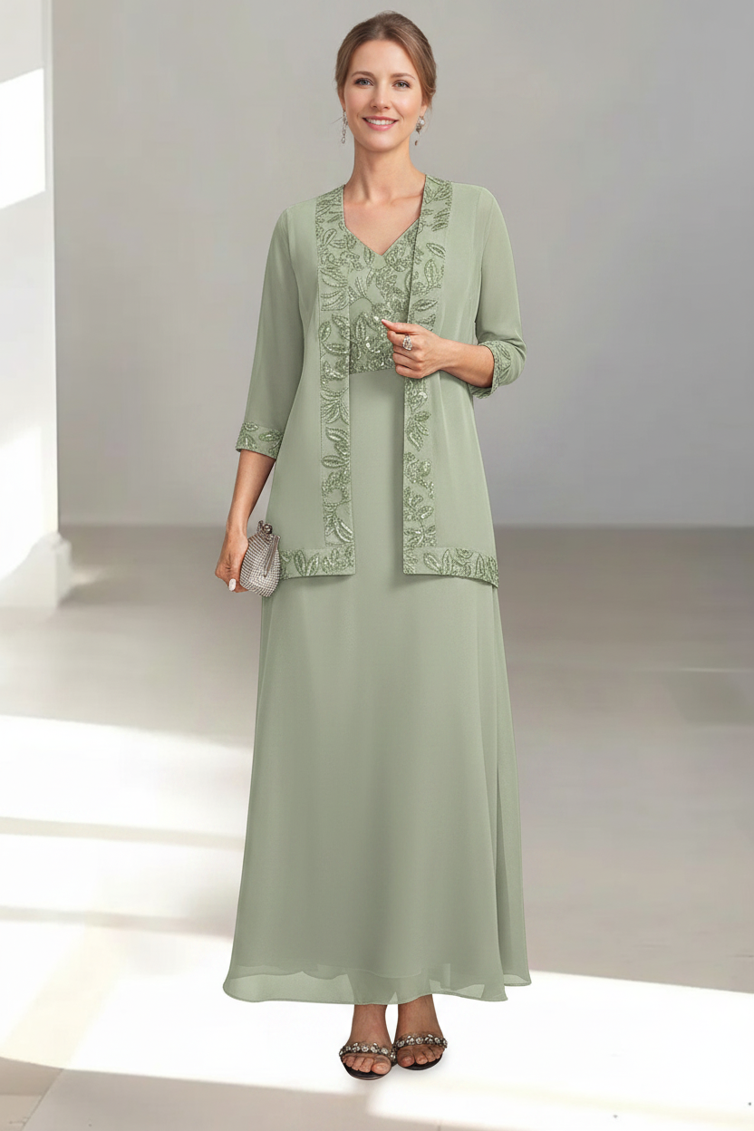 2 Pieces A-Line/Princess V-Neck Sleeveless Ankle-Length Mother of the Bride Dresses with Appliques & Sequins & Jacket