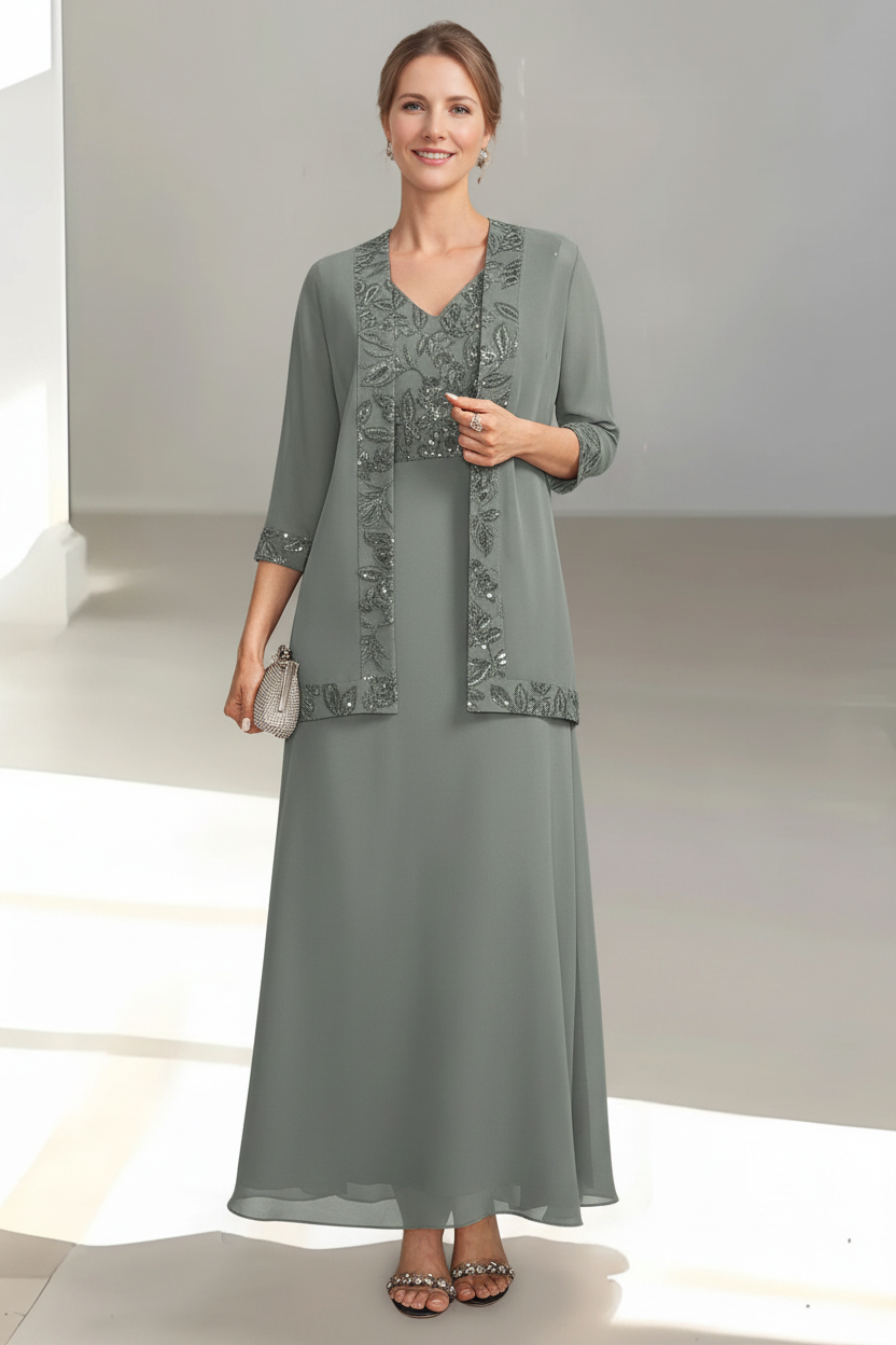 2 Pieces A-Line/Princess V-Neck Sleeveless Ankle-Length Mother of the Bride Dresses with Appliques & Sequins & Jacket