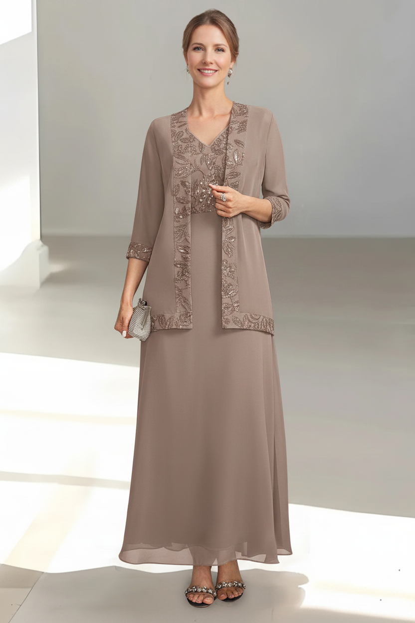 2 Pieces A-Line/Princess V-Neck Sleeveless Ankle-Length Mother of the Bride Dresses with Appliques & Sequins & Jacket