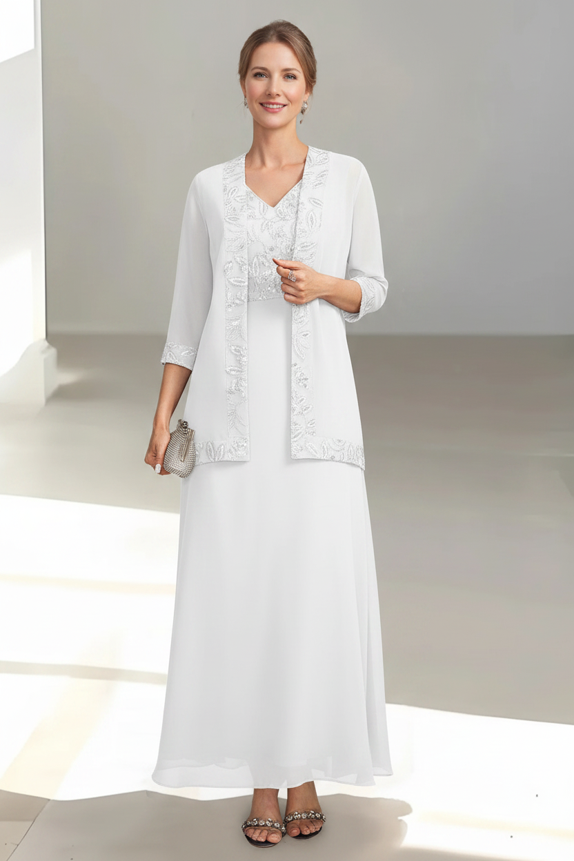2 Pieces A-Line/Princess V-Neck Sleeveless Ankle-Length Mother of the Bride Dresses with Appliques & Sequins & Jacket